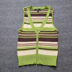 Witty Fox Sweater Vest Women Medium Green Striped New Zip Up Ribbed Knit Top
